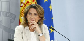 European Union Vice President Teresa Ribera in front of a European flag