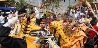 People dressed with paper mache masks made to look as jaguars. One person in costume is holding a crudely fashioned whip made of coiled rope and using it to lash another person in jaguar costume. A boy in normal clothing looks on