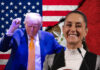 Photos of Trump and Sheinbaum superimposed on images of the Mexican and US flags