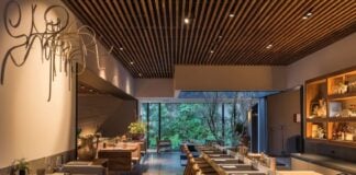 Japanese architecture influenced dining room at Pujol restaurant, with a long line of simple wood and thatched chairs in front of individual table in the center of the room and small two person booths of similar architecture along the left side of the room. At the far end of the photo is a floor-to-ceiling bay window with a view of a courtyard filled with lush green vegetation.