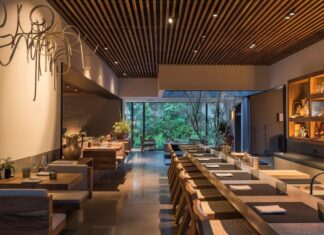 Japanese architecture influenced dining room at Pujol restaurant, with a long line of simple wood and thatched chairs in front of individual table in the center of the room and small two person booths of similar architecture along the left side of the room. At the far end of the photo is a floor-to-ceiling bay window with a view of a courtyard filled with lush green vegetation.