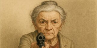 Illustration of an elderly woman in a jacket and holding up a pistol to the camera evocative of the killer granny case in Mexico