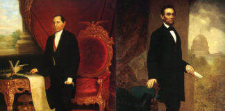 Side by side photos of formal state paintings of Mexican president Benito Juarez and U.S. president Abraham Lincoln, who were contemparies of each other during their tenures in office