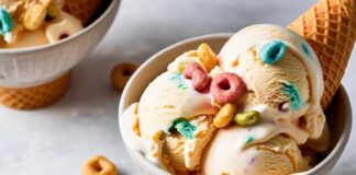 Vanilla mexican cereal-milk soft serve ice cream in a bowl with a traditional waffle cone and Froot Loops cereal sprinkled on top