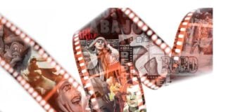 A photoshopped image of a strip of of old-fashioned film, with images of various Mexican actors and stills from movies.