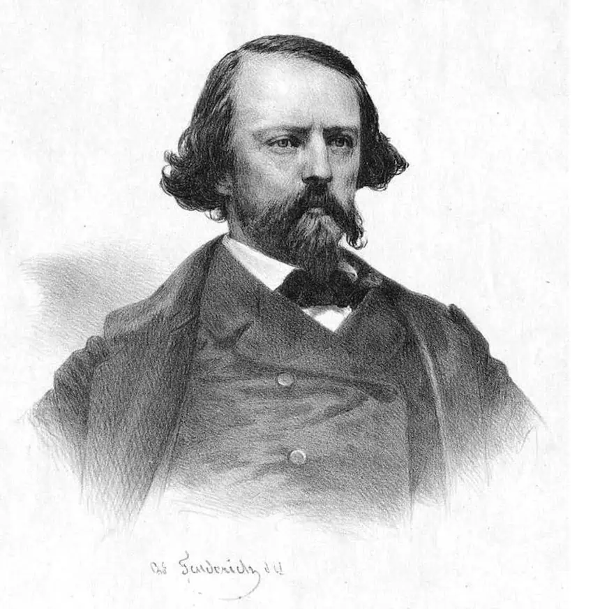 Daguerrotype photo of 19th-century filibuster Count Gaston de Raousset-Boulbon sitting for the photo in a double breasted dark suit and bow tie. He is balding and has a mustache and a small beard.