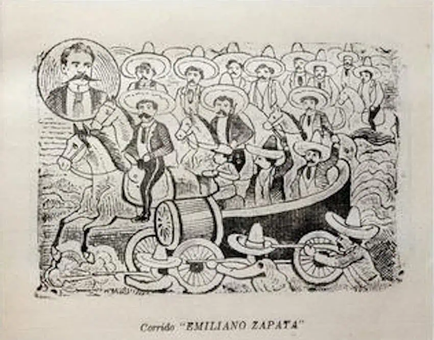 A Revolution-era cartoon showing the arrival of Emiliano Zapata by train.