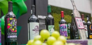 Foreground: bunch of green grapes. Background: bottles of wine in a row.