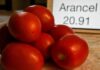 Photo illustration with Mexican tomatoes in a pile next to a sign listing a tariff rate.