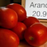 Photo illustration with Mexican tomatoes in a pile next to a sign listing a tariff rate.
