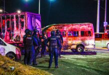 A burnt out bus as part of a narcoblocade