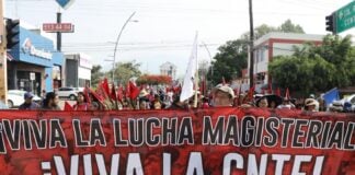 Protestors with the CNTE teachers' union march in CDMX.