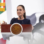President Sheinbaum at the podium of her morning press conference