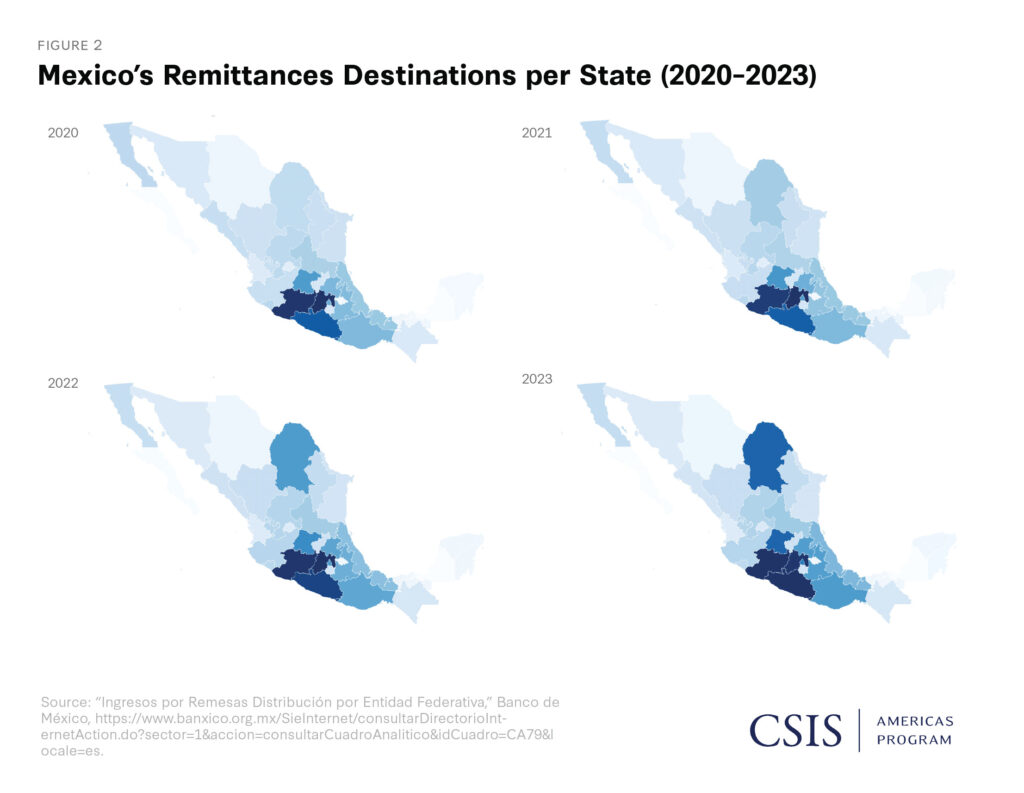 A map of remittances sent to Mexico by region, from 2020-2023.
