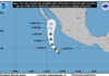 A map showing the path Tropical Storm Alvin is predicted to take, starting off the Mexican coast and approaching the Baja Peninsula
