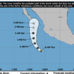 A map showing the path Tropical Storm Alvin is predicted to take, starting off the Mexican coast and approaching the Baja Peninsula