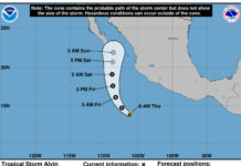 A map showing the path Tropical Storm Alvin is predicted to take, starting off the Mexican coast and approaching the Baja Peninsula