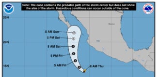 A map showing the path Tropical Storm Alvin is predicted to take, starting off the Mexican coast and approaching the Baja Peninsula