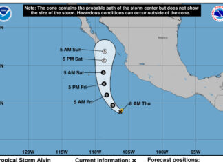 A map showing the path Tropical Storm Alvin is predicted to take, starting off the Mexican coast and approaching the Baja Peninsula