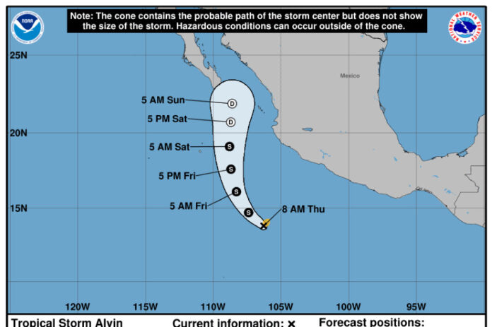 A map showing the path Tropical Storm Alvin is predicted to take, starting off the Mexican coast and approaching the Baja Peninsula