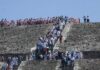 Climbers on the Pyramid of the Moon in Teotihuacan.