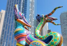 alebrijes set against San Francisco high rises.