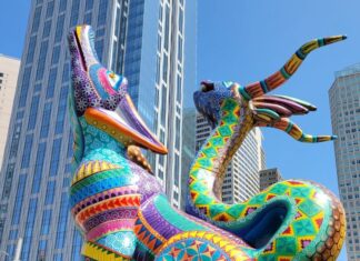 alebrijes set against San Francisco high rises.