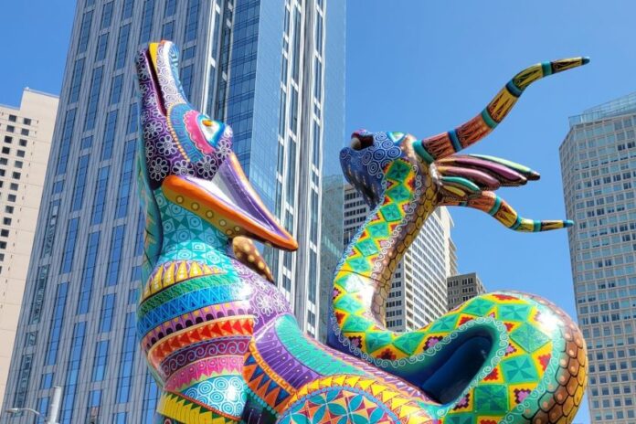 alebrijes set against San Francisco high rises.
