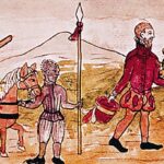 A drawing from the Duran Codex depicting a Spaniard with an army regiment behind him meeting with Nahua leaders.
