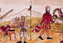 A drawing from the Duran Codex depicting a Spaniard with an army regiment behind him meeting with Nahua leaders.