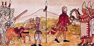 A drawing from the Duran Codex depicting a Spaniard with an army regiment behind him meeting with Nahua leaders.