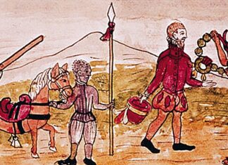 A drawing from the Duran Codex depicting a Spaniard with an army regiment behind him meeting with Nahua leaders.