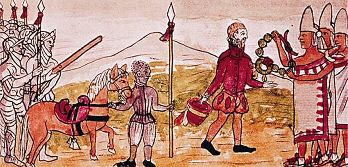 A drawing from the Duran Codex depicting a Spaniard with an army regiment behind him meeting with Nahua leaders.