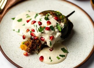 A chile en nogada served on a plate