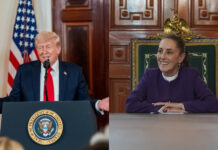 Two photos, one of Trump and one of Claudia Sheinbaum