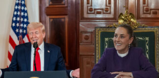 Two photos, one of Trump and one of Claudia Sheinbaum