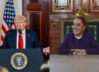 Two photos, one of Trump and one of Claudia Sheinbaum