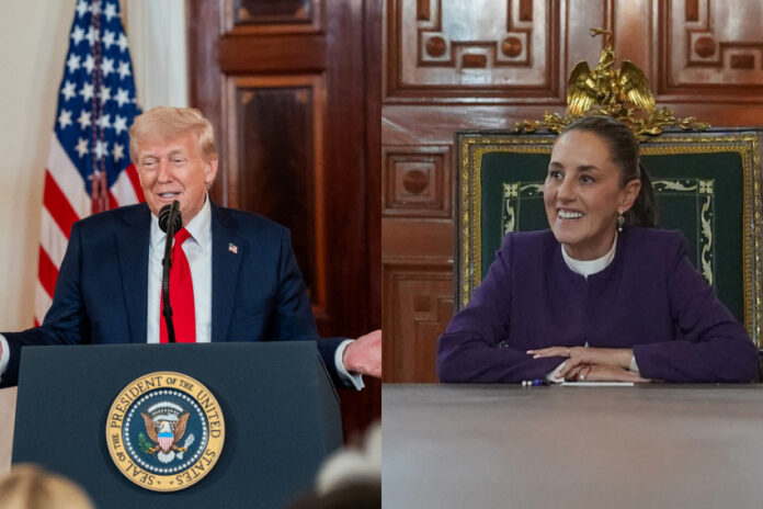 Two photos, one of Trump and one of Claudia Sheinbaum
