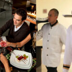 Two split screen photos. On the left is a young man sitting at a fine restaurant toasting wineglasses with others at his table. On the right are two men in formal white waiter's uniforms carrying heavy trays of food out to customers.