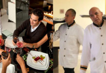 Two split screen photos. On the left is a young man sitting at a fine restaurant toasting wineglasses with others at his table. On the right are two men in formal white waiter's uniforms carrying heavy trays of food out to customers.