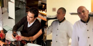Two split screen photos. On the left is a young man sitting at a fine restaurant toasting wineglasses with others at his table. On the right are two men in formal white waiter's uniforms carrying heavy trays of food out to customers.