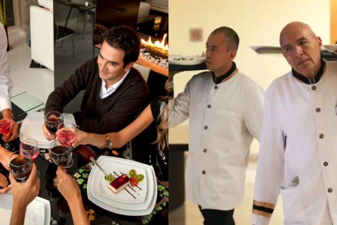Two split screen photos. On the left is a young man sitting at a fine restaurant toasting wineglasses with others at his table. On the right are two men in formal white waiter's uniforms carrying heavy trays of food out to customers.