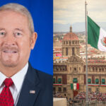 man on left, buidling with Mexican flag on right