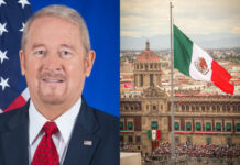 man on left, buidling with Mexican flag on right