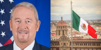 man on left, buidling with Mexican flag on right