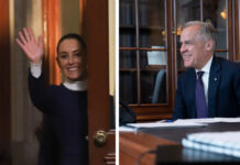Two photos, one of Mexican President Sheinbaum and one of Canada PM Mark Carney