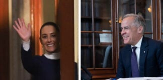 Two photos, one of Mexican President Sheinbaum and one of Canada PM Mark Carney