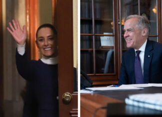 Two photos, one of Mexican President Sheinbaum and one of Canada PM Mark Carney