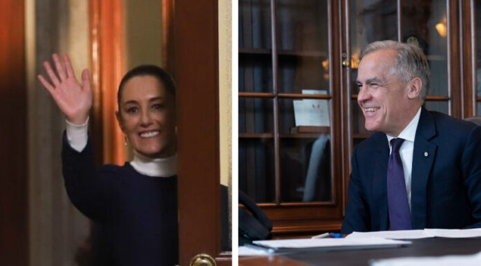 Two photos, one of Mexican President Sheinbaum and one of Canada PM Mark Carney