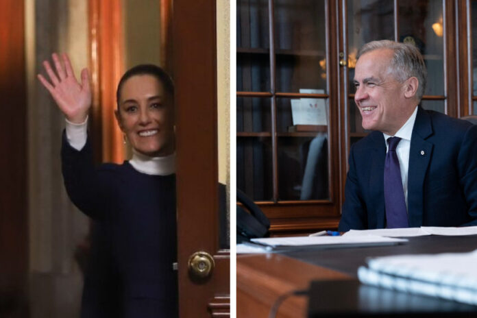 Two photos, one of Mexican President Sheinbaum and one of Canada PM Mark Carney